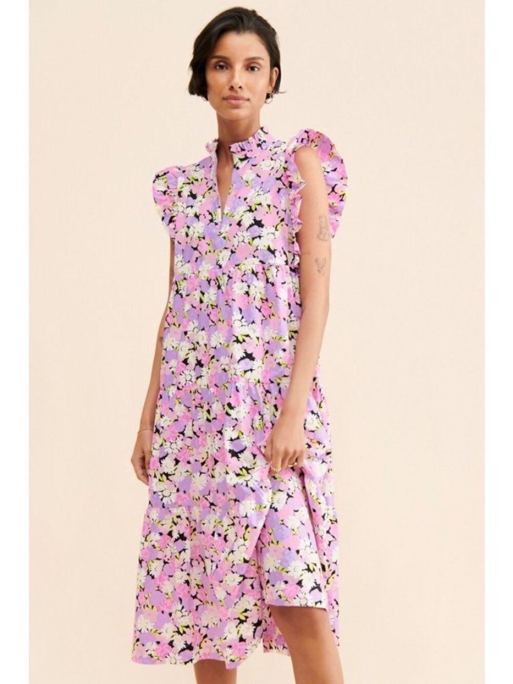 Cras Myra Dress Daisy Floral Pink & Purple Ruffled Midi Dress, Size 38 | M